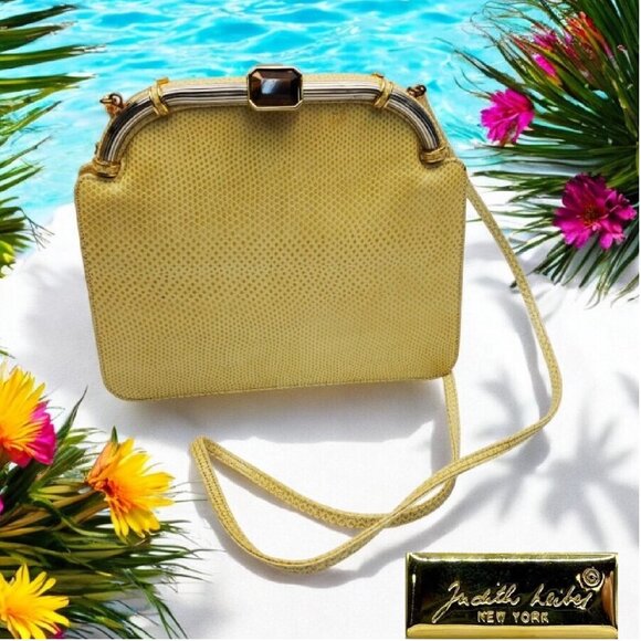 JUDITH LEIBER Vntg Art Deco Two-Tone Beige Karung Snakeskin Purse Excellent Cond - Picture 2 of 6